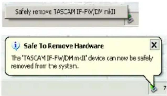 Safely remove TASCAM IF-FW/DM m Sobald Windows die Karte freigegeben hat, wird zur Bestätigung auf der DIGITAL-Seite des Mischpults für die IF-FW/DM MKII die Meldung 1394: Driver Offline angezeigt. 3 – Die Statusseite auf dem Mischpult Auf dem DM-3200 wie auf dem DM-4800 können Sie für die IF-FW/DM MKII eine detaillierte Status- und Einrichtungsseite aufrufen. Öffnen Sie die DIGITAL-Seite auf dem Display (ALT+AUTOMATION-Taste 2), und wählen Sie die Registerkarte SLOT (auf dem DM-4800 mit SLOT 1-2 oder SLOT 3-4 bezeichnet). Die Seite enthält die folgenden Abschnitte: - STATUS CARD: Hier wird angezeigt, ob die Karte selbst einwandfrei arbeitet. - STATUS 1394: Hier wird der Zusatnd des FireWire-Bus angezeigt. - INPUT: Hier können Sie die Anzahl der Kanäle vom Computer zum Mischpult auswählen. - OUTPUT: Hier geben Sie die Anzahl der Kanäle vom Mischpult zum Computer vor. \- VERSION: Hier wird die Versionsnummer der aktuell verwendeten Firmware für die IF-FW/DM MKII angezeigt. ![](images/fd932874e0b855f7e678c5f200dcfee4f8d44a34ee8299c809f39879ca3d0de3.jpg) text_image SLOT3 FW mk2 Card STATUS CARD: OK 1394: Locked INPUT FROM COMPUTER 16TRACKS 32TRACKS OUTPUT TO COMPUTER 16TRACKS 32TRACKS VERSION Firmware Ver 1.00 Build# 73745