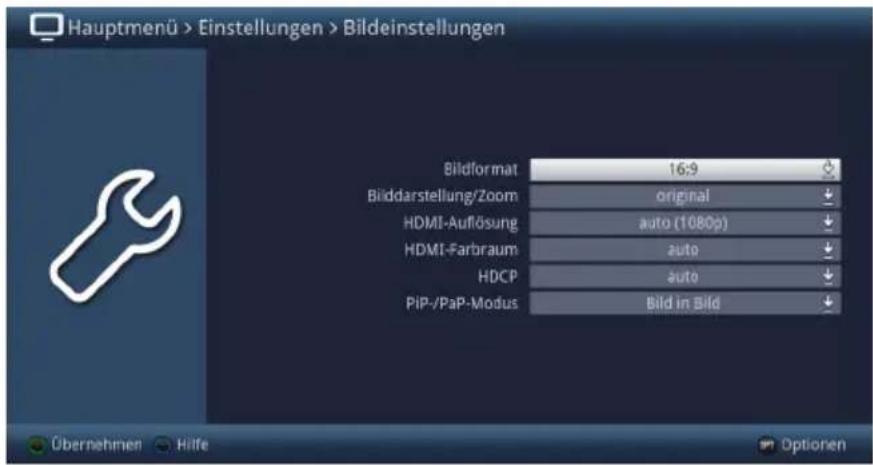 Hauptmenü > Einstellungen > Bildeinstellungen Bildformat 16:9 Bilddarstellung/Zoom original HDMI-Auflösung auto (1080p) HDMI-Farbraum auto HDCP auto PIP-/PaP-Modus Bild in Bild Übernehmen Hilfe Optionen