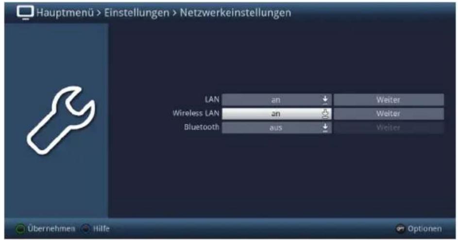 Hauptmenü > Einstellungen > Netzwerkeinstellungen LAN an Wireless LAN an Bluetooth aus Weiter Weiter Weiter Übernehmen Hilfe Optionen