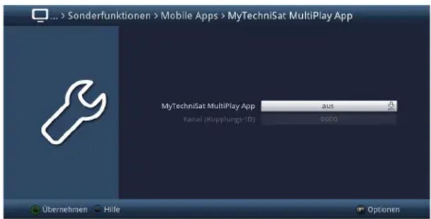 ... > Sonderfunktionen > Mobile Apps > MyTechniSat MultiPlay App MyTechniSat MultiPlay App aus Kanel (Kopplungs-ID) 0000 Übernehmen Hilfe Optionen