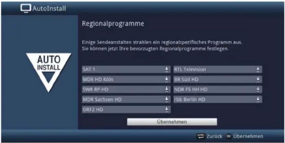 AutoInstall Regionalprogramme Einige Sendeanstalten strahlen ein regionalspezifisches Programm aus. Sie können jetzt Ihre bevorzugten Regionalprogramme festlegen. SAT.1 WDR HD Köln SWR RP HD MDR Sachsen HD ORF2 HD RTL Television BR Süd HD NDR FS HH HD rbb Berlin HD Übernehmen Zurück Übernehmen