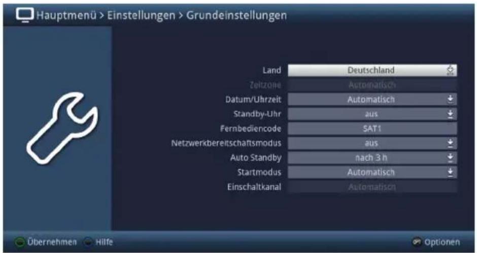 Hauptmenü > Einstellungen > Grundeinstellungen Land Deutschland Zeitzone Automatisch Datum/Uhrzeit Automatisch Standby-Uhr aus Fernbediencode SAT1 Netzwerkbereinschaftsmodus aus Auto Standby nach 3 h Startmodus Automatisch Einschaltkanal Automatisch Übernehmen Hilfe Optionen