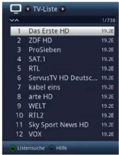 TV-Liste 1/738 Das Erste HD 19.2E ZDF HD 19.2E ProSieben 19.2E SAT.1 19.2E RTL 19.2E ServusTV HD Deutsch... 19.2E kabel eins 19.2E arte HD 19.2E WELT 19.2E RTL2 19.2E Sky Sport News HD 19.2E VOX 19.2E Listensuche Hilfe