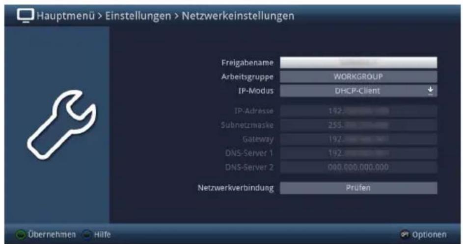 Hauptmenü > Einstellungen > Netzwerkeinstellungen Freigabename Arbeitsgruppe WORKGROUP IP-Modus DHCP-Client IP-Adresse 192 Subnetzmaske 253 Gateway 192 DNS-Server 1 192 DNS-Server 2 000.000.000.000 Netzwerkverbindung Prufen Übernehmen Hilfe Optionen