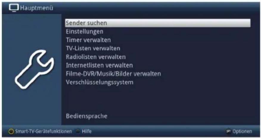 Hauptmenü Sender suchen Einstellungen Timer verwalten TV-Listen verwalten Radiolisten verwalten Internetlisten verwalten Filme-DVR/Musik/Bilder verwalten Verschlüsselungssystem Bediensprache Smart-TV-Gerätefunktionen Hilfe Optionen
