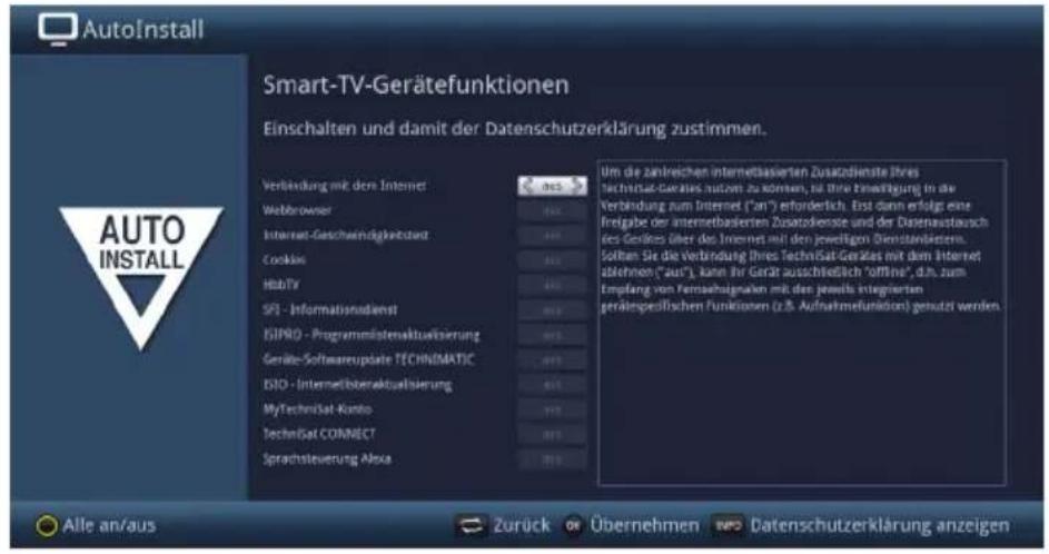 AutoInstall Smart-TV-Gerätefunktionen Einschalten und damit der Datenschutzerklärung zustimmen. Verbindung mit den Internet Webbrowser Internet-Geschwindigkeitzusatz Cookies HubTV SPI - Informationsdienst ISIPRD - Programmästenaktualsierung Geräte-Softwareupdate TECHNEMATIC ISIO - Internetüberaktualsierung MyTechniSat-Konto TechniSat CONNECT Sprachsteuerung Alexa Um die zahlreichen internetbasierten Zusatzdienste Ihres Technisat-Gerätes nutzen zu können, ist ihre Einwährung in die Verbindung zum Internet ("an") erforderlich. Erst dann erfolgt eine Freigabe der internetbasierten Zusatzdienste und der Datasnastausch des Gerätes über das Internet mit den jeweiligen Dienstvistern. Soften Sie die Verbindung Ihres Technisat-Gerätes mit dem Internet ablehmen ("aus"), kann ihr Gerät ausschließlich "offline", d.h. zum Empfang von Fennahsigmaßen mit den jeweils integrierten gerätespezifischen Funktionen (z.B. Aufnahmefunktion) genutzt werden. Alle an/aus Zurück or Übernehmen INFO Datenschutzerklärung anzeigen