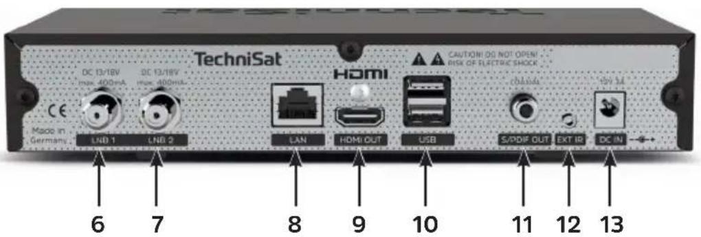 TechniSat DC 13/18V max 400mA DC 13/18V Max 400mA CAUTIONS DO NOT OPEN RISK OF ELECTRIC SHOCK HDMI LAN HDMI OUT USB S/PDIF OUT EXT IR DC IN 6 7 8 9 10 11 12 13