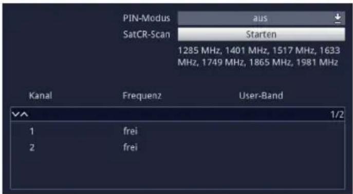 PIN-Modus SatCR-Scan aus Starten 1285 MHz, 1401 MHz, 1517 MHz, 1633 MHz, 1749 MHz, 1865 MHz, 1981 MHz Kanal Frequenz User-Band 1/2 1 frei 2 frei
