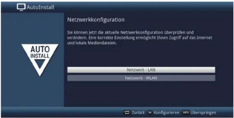 AutoInstall Netzwerkkonfiguration Sie können jetzt die aktuelle Netzwerkkonfiguration überprüfen und verändern. Eine korrekte Einstellung ermöglicht Ihnen Zugriff auf das Internet und lokale Mediendateien. Netzwerk - LAN Netzwerk - WLAN Zurück 01 Konfigurieren INFO Überspringen