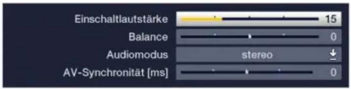 Einschaltlautstärke 15 Balance 0 Audiomodus stereo AV-Synchronität [ms] 0