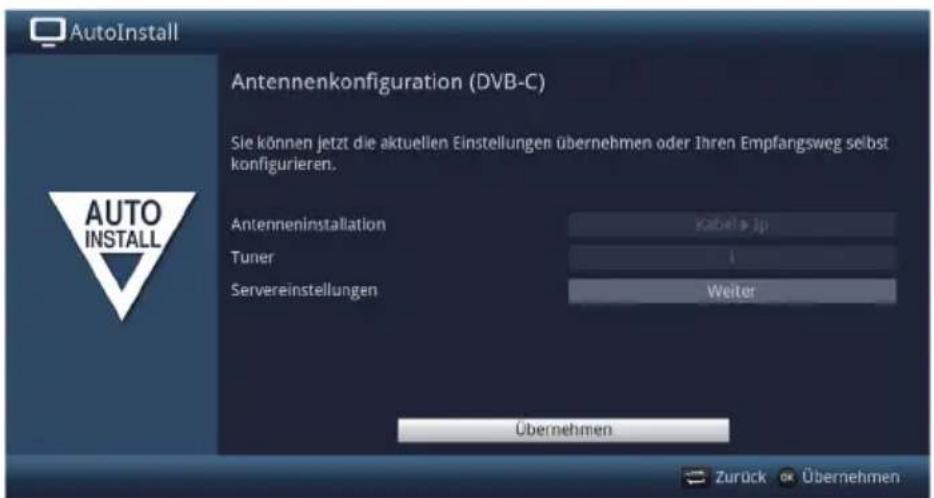 AutoInstall Antennenkonfiguration (DVB-C) Sie können jetzt die aktuellen Einstellungen übernehmen oder Ihren Empfangsweg selbst konfigurieren. Antenneninstallation Tuner Servereinstellungen Kabel » Ip 1 Weiter Übernehmen Zurück € Übernehmen