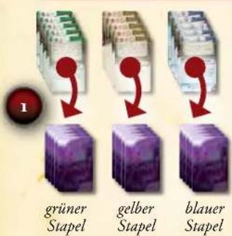 1 grüner Stapel gelber Stapel blauer Stapel