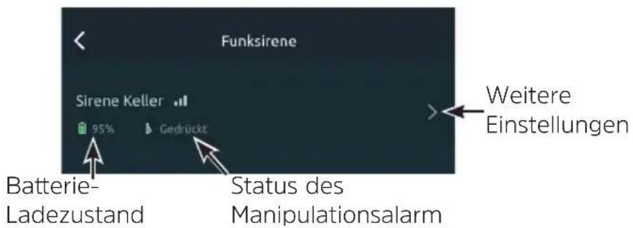 Funksirene Sirene Keller 95% Gedrückt Batterie- Ladezustand Status des Manipulationsalarm Weitere Einstellungen