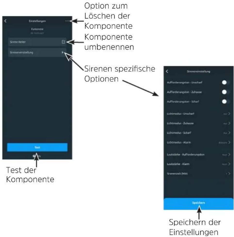 Option zum Löschen der Komponente Komponente umbenennen Sirenen spezifische Optionen Test der Komponente Speichern der Einstellungen
