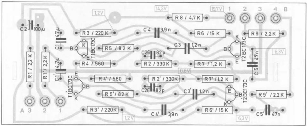 1,2V R8 / 4,7K 19,7V 1 2 3 4 B C2 100μ R1 / 2,2K R1' / 2,2K C1 4,7μ A 3 2 1 R3 / 220 K C4 3,9n R6 / 15 K K R9 / 2,2K B T1BC173C E R5 / 8 2 K C3 1,2n R4 / 560 C26 82p R2 / 330 K R7 / 1,2 K T2 BC173C E C5 47n 6,3V R4' / 560 R2' / 330K 0,6V R7' / 1,2 K R5' / 82 K C26 82p C3' 1,2n E R9' / 2,2K R3' / 220K C4' 3,9n R6' / 15 K 6,3V C5' 47n