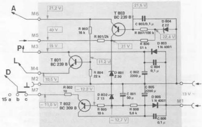 A M6 21.2 V M5 40 V R 803 16 k T 803 BC 239 B 21.5 V C 803/0.1 μ D 804 Z 22 R 807/100 k 22.4 V P M3 15 V R 801/2k 31 V R 806 51 k D 803 1 N 4001 L M4 T 801 BC 239 B 11.2 V R 804 22 k D 801 Z 30 C 802 2200 μ C 804 0.1 μ M2 10.5 V R 802 10 -12.2 V T 802 BC 309 B D 802 Z 13 C 801 50 μ D 805 2200 μ R 805 10 k R 806 5.6 k D 806 1 N 4001 M1 -12.7 V C 806 0.1 μ 15 a b c