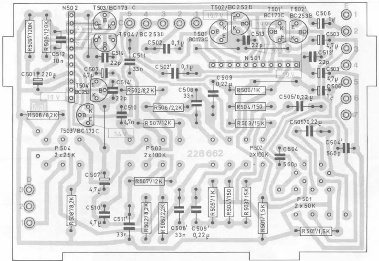 N50 2 T503/BC 173 C T502/BC 253 B T501' T502' E 19V BC 173C BC 253 B C506 1μ R509/120K R509/120K C512 10n C514 22p C502 0,1μ C511 33n C502' 0,1μ C509 0,22μ R505/1K C503 4,7μ C513' 22p C503' 4,7μ C506' 1μ C508 33n R502/8,2K R506/2,2K R504/150 R503/15K C505/0,22μ C505'/0,22μ P 504 2x25K P 503 2x100K P 502 2x100K C504 560p C504' 560p R507'/12K R507'/12K R507'/12K R506/2,2K R506/2,2K R508'/8,2K R508'/8,2K C510' 4,7μ C511' 33n C508' 33n C509' 0,22μ R505'/1K R504'/150 R503'/15K R501'/1,5K P 501 2x50K R501'/1,5K