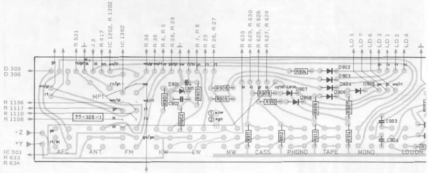 D 305 D 306 R 1106 R 1117 R 1110 R 1108 -Z +Y IC 501 R 633 R 634 AEC ANT. FM KW LW MW CASS. PHONO TAPE MONO LOUDN. gs rt/bl gr gn/ge 77-320-1 ws/gr rt ms/gn M v bl ws ws/bl ws/gr ws/rt ws/rt rs rs R901 C901 R903 R902 R905 ①=sw ②=gn R904 D902 D903 D904 D905 ge gr ws/rt R906 R909 R910 R908 R907 C903 C904