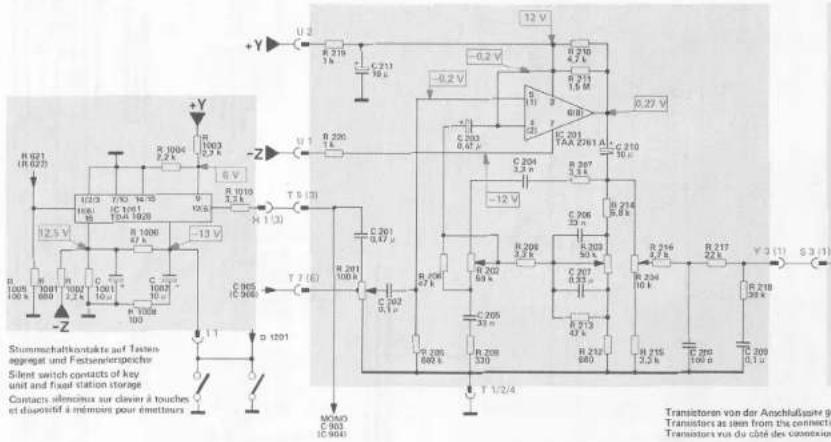 U 2 +Y R 315 1 k C 211 10 k -0.2 V -0.2 V R 210 4.7 k R 211 1.6 M (1) (2) R 201 TAA 2261 A C 210 50 k -12 V R 207 3.4 k C 206 8.8 k R 206 9.3 k C 203 50 k R 216 10 k R 217 22 k R 218 30 k C 209 0.1 k T 1/2/4 MOMO C 303 IC 904 Stammachtkontakte auf Testes aggregat und Festamerlöpinge. Silent switch contacts of key unit and fixed station storage Contacts silencius sur claviers à touches et dispositif à mémoires pour émettres Transistoren von der Anschlußungs ge Transistors as seen from the connective Transistors van du côté des connexions