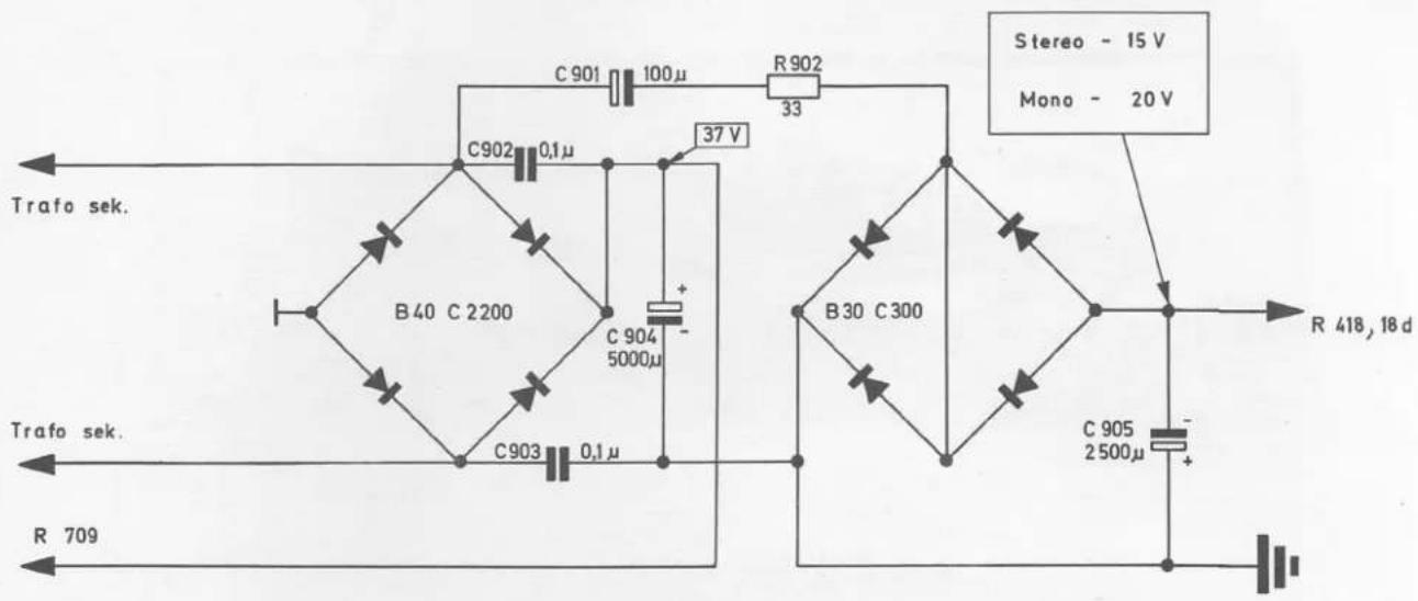 C901 100μ R902 33 C902 0,1μ 37 V B40 C 2200 C904 5000μ + - C903 0,1μ B30 C300 C905 2500μ Stereo - 15 V Mono - 20 V R 418, 18 d Trafo sek. Trafo sek. R 709