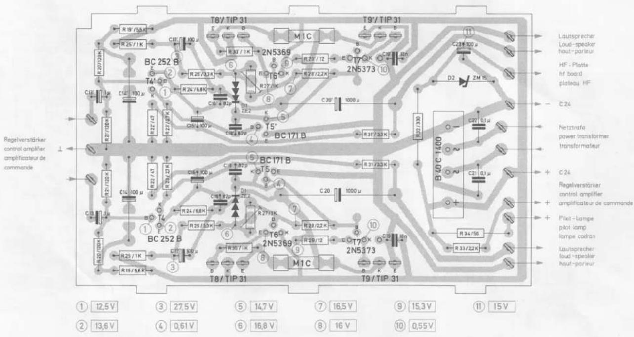 T8/TIP 31 T9/TIP 31 R 25/1K C12 100 μ R 25/1K BC 252 B E 2 R 25/3.3K T4' Q P R 24/8.8K C16 100 μ R 27/100 K R 27/100 K R 27/100 K R 27/100 K R 27/100 K R 27/100 K R 27/100 K R 27/100 K R 27/100 K BC 171 B BC 171 B T5 T5' BC 171 B T5 T5' BC 171 B T5' BC 171 B T5' BC 171 B T5' BC 171 B T5' BC 171 B T5' BC 171 B T5' BC 171 B T5' BC 171 B T5' BC 171 B T5' BC 171 B T5' BC 171B BC 171B BC 171B BC 171B BC 171B BC 171B BC 171B BC 171B BC 171B BC 171B BC 171B BC 171B BC 171B BC 171B BC 171B BC TIP 31 T9/TIP 31 Lautsprecher Loud-speaker haut-parteur HF - Platte hf board plateau HF C24 Netztrafa power transformer transformateur C24 Regelverstärker control amplifier amplificateur de commande Pilot - Lampe pilot lamp lampe cadran Lautsprecher loud-speaker haut-parteur ① 12,5 V ② 13,6 V ③ 27,5 V ④ 0,6 V ⑤ 14,7 V ⑥ 16,8 V ⑦ 16,5 V ⑧ 16 V ⑨ 15,3 V ⑩ 0,55 V