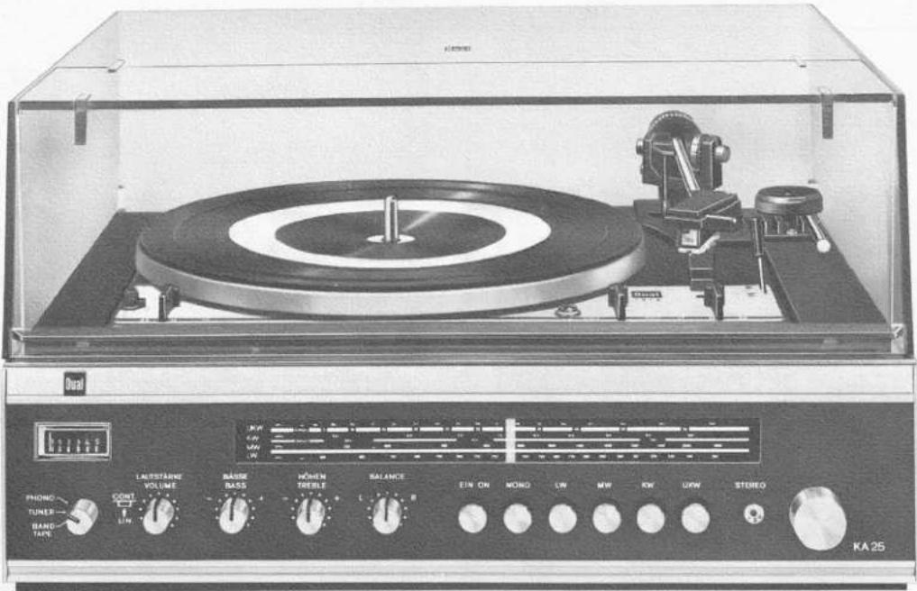 Dual PHONO TUNER BAND TAPE LAUTSTÄRNE VOLUME FORT LUN BARBE BASS HÖHEN TREELE BALANCE L R EIN ON MONG LW MW KW LKW STEREO KA 25