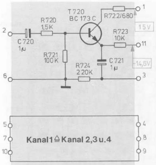 T720 BC 173 C R720 1.5K R721 100 K R724 2.20K R723 10K C721 1μ R722/680 1 15V -14,5V 6 3 5 7 10 4 8 9 Kanal1 ≦ Kanal 2,3 u.4