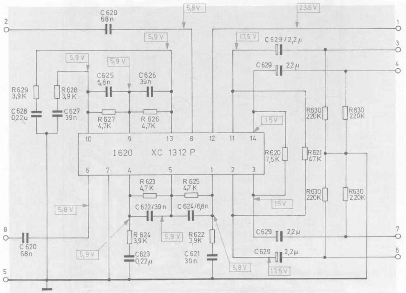 C620 68n 5,8V 23,5V 5,9V 5,9V C625 6,8n C626 39n R628 3,9K R627 39n R627 4,7K R626 4,7K 17,5V C629 /2,2μ C629 2,2μ 15V R630 220K R630 220K I620 XC 1312 P 6 7 4 5 1 2 3 R620 7,5K R621 47K R630 220K R630 220K 5,8V C623 4,7K R625 4,7K C624/68n C622/39n R624 3,9K 5,9V R622 3,9K C623 0,22μ C621 39n 5,8V C629 2,2μ C629 2,2μ 17,5V 8 C620 68n 5,9V 5 8 C620
