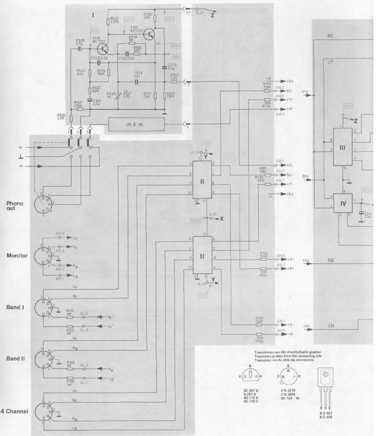 I R525 220K T521 BC173C R530 33K V7 AJ1 Z RS22 82K R524 150K C522/22p C52k/3.9n R529 62K C523 1.2n R533 2.2K R526 1K R521 2.2K R521 4.7μ R531 1.5K R532 150K rK & IK 15V AJ4O Y II 15V AJOY X Monitor AK5 LF AK4 RF AK2 RB AK1 LB Band I RF R102 1M AL5 RF' R102 1M AL4 LF' Band II RF R102 1M AL2 RF' R102 1M AL1 LF' 4 Channel B B E E K 2 N 2218 BC 207 B 251 B 2 N 2904 BC 172 B 161 - 10 B K E B D 507 B D 608 RF RF LF Z III IV 51e 50h 50k R101 5.6K AN3 50f AN6 47f AM3 AN4 50i AN7 47i 46g AM1 R100 5.6K AN8 49i AN2 48f R100 5.5K AN1 49i AN9 48h LB Transistor von der Anschlußseite gesehen Transistors as seen from the connecting side Transistors vus du côte des connexions