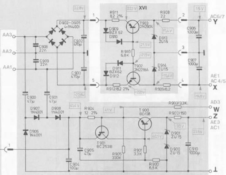 22.8V D902-D905 4+1N4001 C902 470μ C903 470μ C906 22n C909 22n C900 47μ D907 1N4001 D908 1N4001 R904 12 2% R905 47μ T901 BC 253B C905 47μ R905 330K R901 3.3K R900 6.8K T903 2N2904 D909 BZX 62 D910 R910 6.8K D911 BZX62 D912 R912/8.2 2% T902 2N2218A R910 6.8K T903 2N2904 D913 ZU15 R908 22 XVI R903/3.3K R902/150 R903/3.3K R902/150 R903/3.3K R903/6.8K R904 12 2% T900 BD13B R901 3.3K R902/150 R903/3.3K R904/6.8K D901 ZU15 D900 ZU15 C910 1000μ AC6/7 Y AA3 AA2 AA1 AE1 AC 4/5 X AD3 W Z AE3 AC1