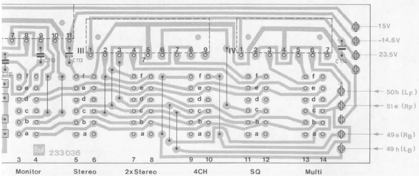 Monitor Stereo 2x Stereo 4CH SQ Multi 15V -14,6V 23,5V C114 15V C110 C113 III 1 2 3 4 5 6 7 8 9 IV 1 2 3 4 5 6 7 f f e e d d c b b a a 50h (LF) 51e (RF) 49e (RB) 49 h (LB) Dual 233036