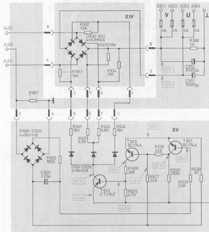 AA7 6 R932 15K D930-933 4×52060A R935/15K XIV R933 15K R934 15K R907 2 4 5 7 9 1 8 3 22V 22V AB1 AB2 AB3 AB4 V 4A 4A 4A 4A R906 1K C912 10000μ C911 10000μ D920-D923 4×1N4148 R921 18K R922 6.6K R923 5.8K R924 18K Q5V XV T920 BC174A R928 22K T921 BC174A DBV R926 33K 1.7V R927 22K R929 330K R930 62 T922 Z TX542 4.14V 43.5V C920 220μ