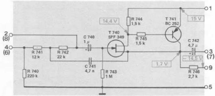 2 (8) 4 (6) R 741 12 k R 742 22 k C 740 1 μ C 741 4,7 n R 743 1 M T 740 SPF 349 R 744 1,5 k R 745 1,5 k T 741 BC 252 14,4 V 15 V C 742 4,7 μ -14,5 V 1,7 V R 746 2,7 k 3 (7) 9 5