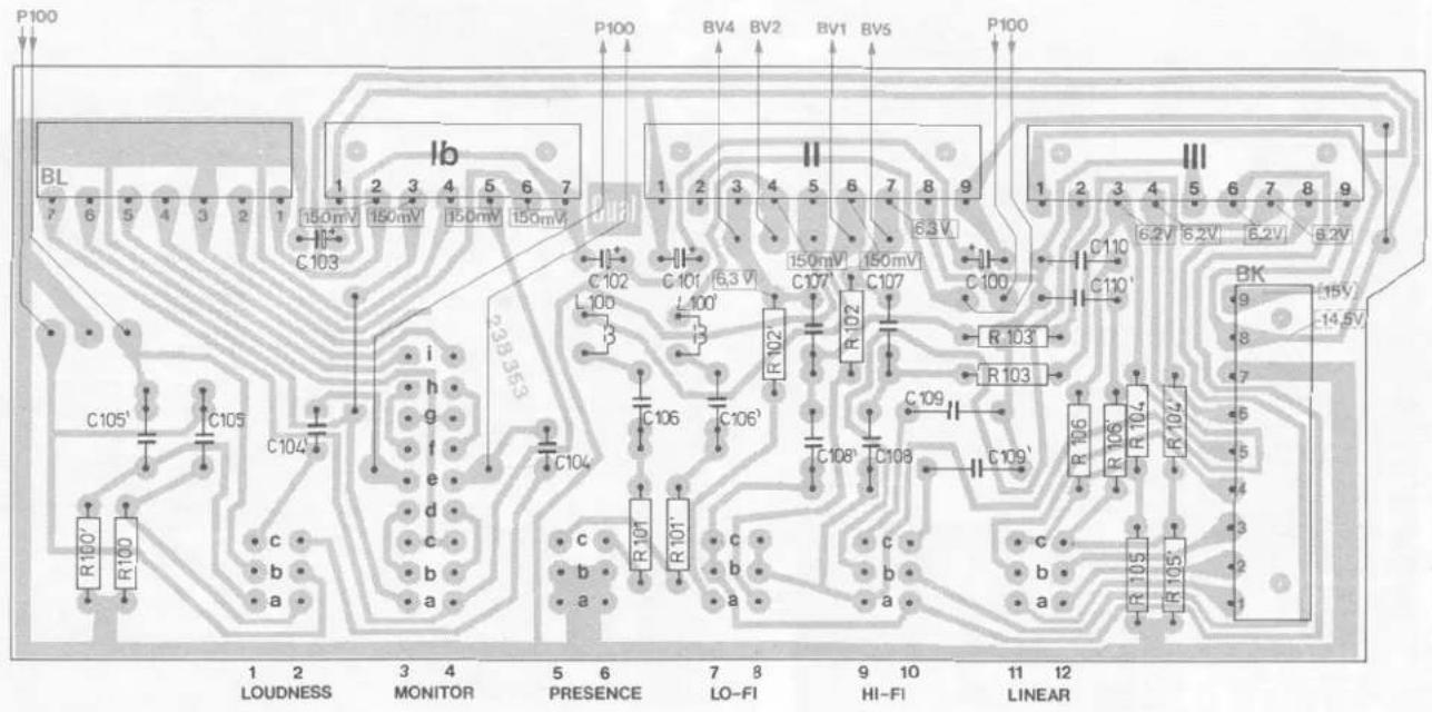 P100 BL 1 2 3 4 5 6 7 150mV 150mV 150mV 150mV C103 Ib 1 2 3 4 5 6 7 1 2 3 4 5 6 7 8 9 6.3 V C102 C101 6.3 V C107' 150mV 150mV C100 C110 C110' R103 R103' C106 C106' C108 C108' C109 R103' R106 R104 R104' C105' C105 C104' i h g f e d c b a c b a LOUDNESS MONITOR PRESENCE LO-FI HI-FI LINEAR 1 2 3 4 5 6 7 8 9 10 11 12 7 6 5 4 3 2 1 P100 BV4 BV2 BV1 BV5 P100 6.2V 6.2V 6.2V 6.2V BK 9 -15V 8 -14.5V 7 6 5 4 3 2 1