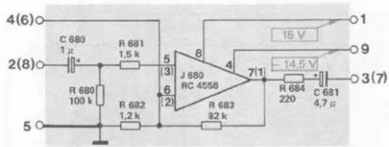 4(6) 2(8) 5 C 680 1 μ R 681 1,5 k R 680 100 k R 682 1,2 k R 683 82 k J 680 RC 4558 5 3 6 2 8 4 7(1) 15 V -14,5 V R 684 220 C 681 4,7 μ 1 9 3(7)