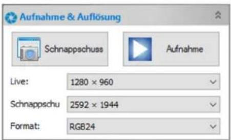 Aufnahme & Auflösung Schnappschuss Aufnahme Live: 1280 × 960 Schnappschu 2592 × 1944 Format: RGB24