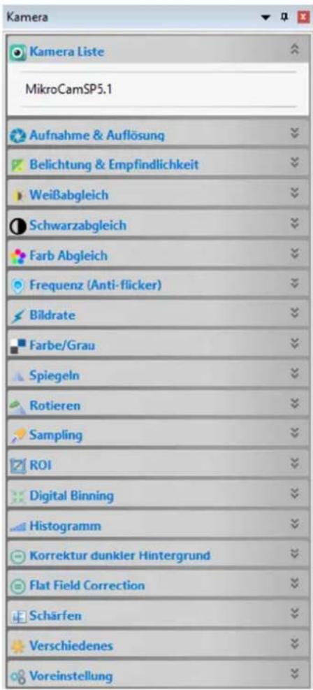 Kamera Kamera Liste MikroCamSP5.1 Aufnahme & Auflösung Belichtung & Empfindlichkeit Weißabgleich Schwarzabgleich Farb Abgleich Frequenz (Anti-flicker) Bildrate Farbe/Grau Spiegeln Rotieren Sampling ROI Digital Binning Histogramm Korrektur dunkler Hintergrund Flat Field Correction Schärfen Verschiedenes Voreinstellung