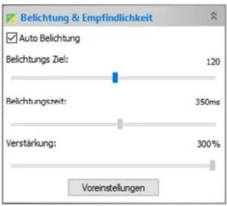 Belichtung & Empfindlichkeit Auto Belichtung Belichtungs Ziel: 120 Belichtungszeit: 350ms Verstärkung: 300% Voreinstellungen