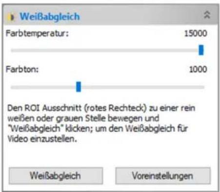 Weißabgleich Farbtemperatur: 15000 Farbton: 1000 Den ROI Ausschnitt (rotes Rechteck) zu einer rein weißen oder grauen Stelle bewegen und "Weißabgleich" klicken; um den Weißabgleich für Video einzustellen. Weißabgleich Voreinstellungen