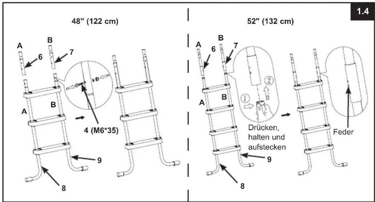 48" (122 cm) 52" (132 cm) 1.4 A B 6 7 A B 4 (M6*35) 9 8 A B 6 7 A B Drücken, halten und aufstecken Feder 9 8