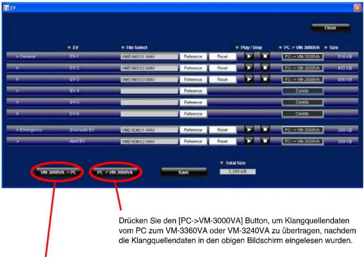 EV > General > 1 > 2 > 3 > 4 > 5 > 6 > Emergency > Alert EV VM-3000VA -> PC PC -> VM-3000VA File Select VMEVMS01.WAV Reference Reset Play / Stop PC -> VM-3000VA Size 516 KB 516 KB 492 KB 492 KB 406 KB Delete Delete Delete VM-3000VA > PC PC -> VM-3000VA Total Size 2,285 KB Drücken Sie den [PC->VM-3000VA] Button, um Klangquellendaten vom PC zum VM-3360VA oder VM-3240VA zu übertragen, nachdem die Klangquellendaten in den obigen Bildschirm eingelesen wurden.