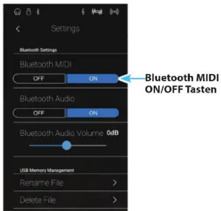 Settings Bluetooth Settings Bluetooth MIDI OFF ON Bluetooth MIDI ON/OFF Tasten Bluetooth Audio OFF ON Bluetooth Audio Volume 0dB USB Memory Management Rename File > Delete File >