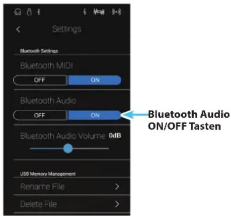 Settings Bluetooth Settings Bluetooth MIDI OFF ON Bluetooth Audio OFF ON Bluetooth Audio Volume 0dB USB Memory Management Rename File > Delete File >