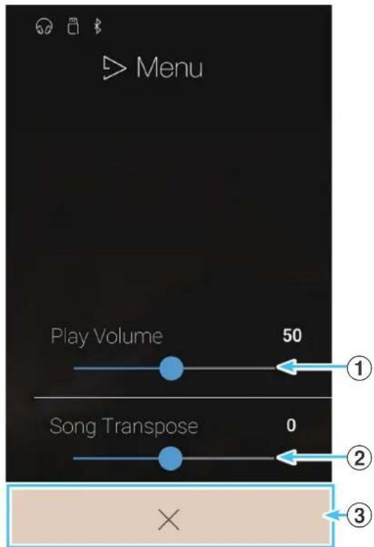 Menu Play Volume 50 Song Transpose 0 ① ② ③