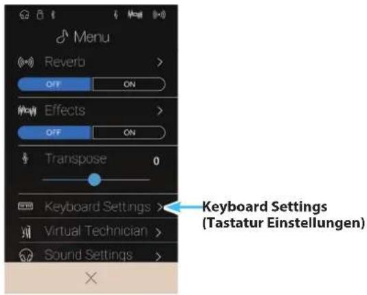 Menu Reverb > OFF ON Effects > OFF ON Transpose 0 Keyboard Settings > Virtual Technician > Sound Settings > Keyboard Settings (Tastatur Einstellungen)