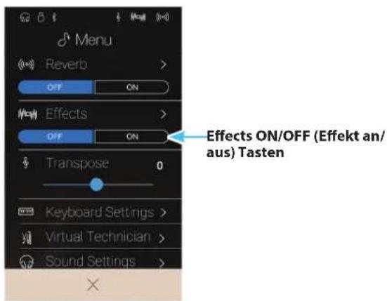 Menu Reverb > OFF ON Effects > OFF ON Transpose 0 Keyboard Settings > Virtual Technician > Sound Settings > Effects ON/OFF (Effekt an/ aus) Tasten ×