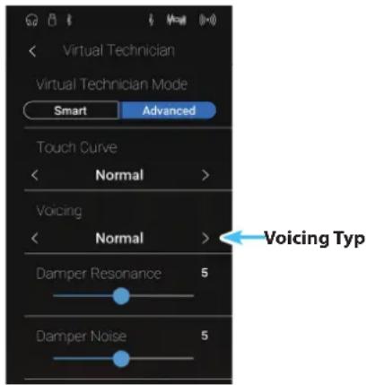 Virtual Technician Virtual Technician Mode Smart Advanced Touch Curve Normal > Voicing Normal > Damper Resonance 5 Damper Noise 5 Voicing Typ