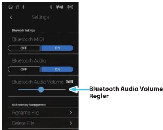 Settings Bluetooth Settings Bluetooth MIDI OFF ON Bluetooth Audio OFF ON Bluetooth Audio Volume 0dB USB Memory Management Rename File > Delete File >