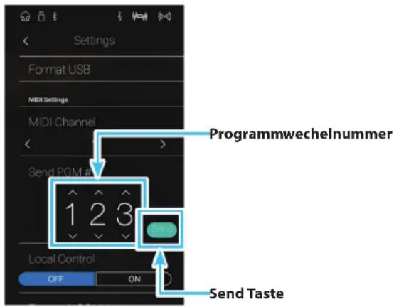 Settings Format USB MIDI Settings MIDI Channel Send PGM # 1 2 3 Local Control OFF ON Programmwechelnummer Send Taste