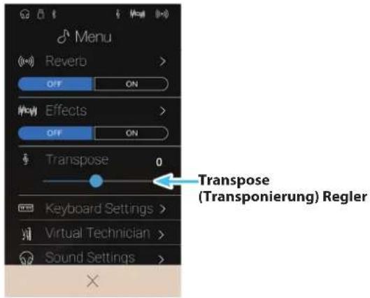 Menu Reverb > OFF ON Effects > OFF ON Transpose 0 Keyboard Settings > Virtual Technician > Sound Settings > Transpose (Transponierung) Regler